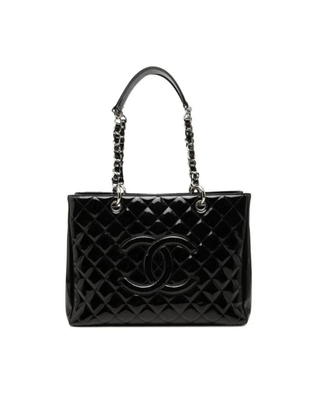 Chanel Quilted CC Logo Chain Tote Bag Black Patent Leather